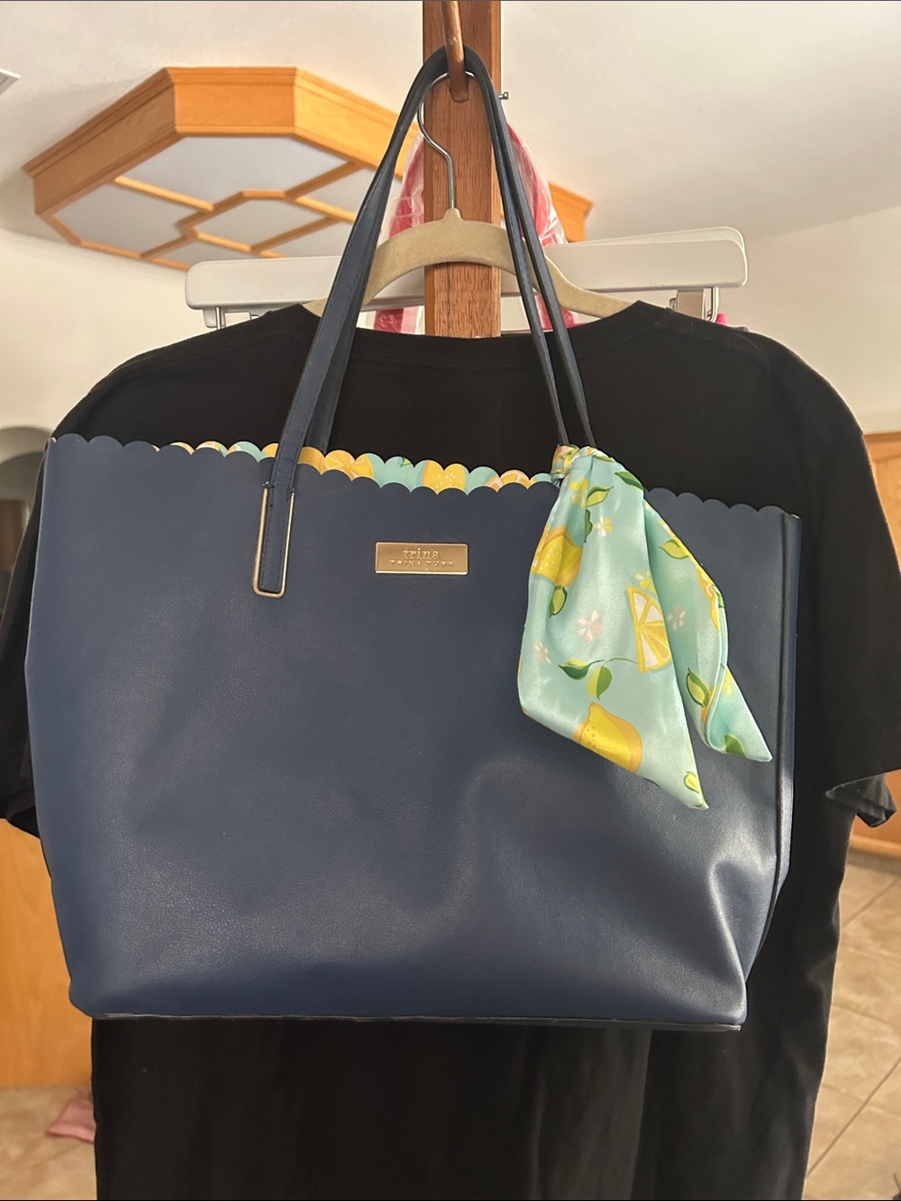 Trina Turk navy scalloped tote with lemon scarf